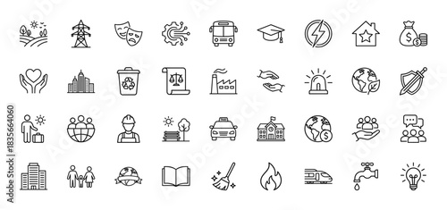 Social responsibility line icon set. Vector pictograms of energy, city, education, money, and global protection, thin outline illustration.