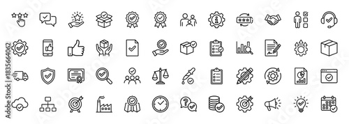 Quality assurance and control line icon set. Vector pictograms of verification, check mark, certificate, delivery, and guarantee, thin outline illustration.