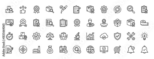 Quality assurance and inspection line icon set. Vector pictograms of certified medal, checklist, package box, and magnifying glass, thin outline illustration.