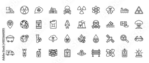 Nuclear and biohazard outline icon set. Vector pictograms of radiation symbols, pollution, chemistry, and safety equipment, thin line illustration.
