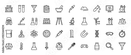 Science and laboratory line icon set. Vector pictograms of glassware, microscope, flask, and test tube, thin outline illustration.