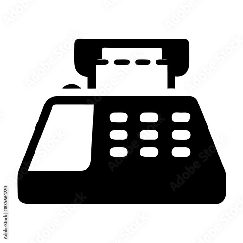 A black silhouette icon depicting a cash register or point-of-sale terminal with a receipt