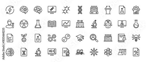 Science and technology line icon set. vector pictograms of dna, test tubes, brain, atom, and chemical flask, thin outline illustration.