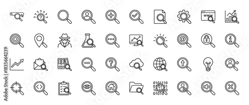 Search and analysis line icon set. Vector pictograms of magnifying glass, map pin, spy, data, and security, thin outline illustration.