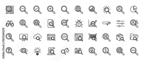 Business and search line icon set. Vector pictograms of magnifying glass, analysis, data, security, and settings, thin outline illustration.