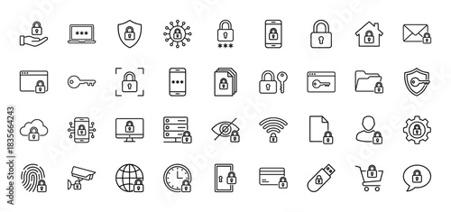 Cybersecurity and digital protection line icon set. vector pictograms of padlock, key, password, shield, and server, thin outline illustration.