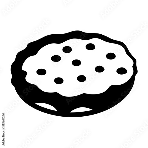 Simple black and white icon illustrating a fruit pie or tart with toppings on top