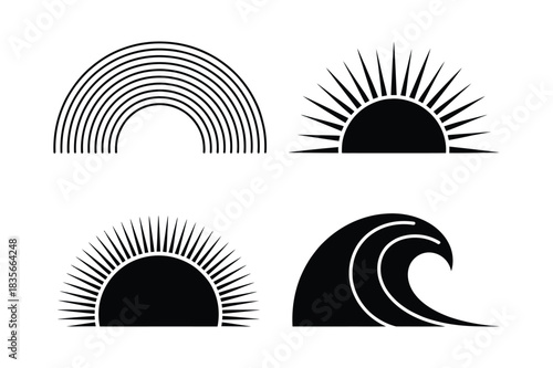 Bohemian style sun wave and rainbow line art icons