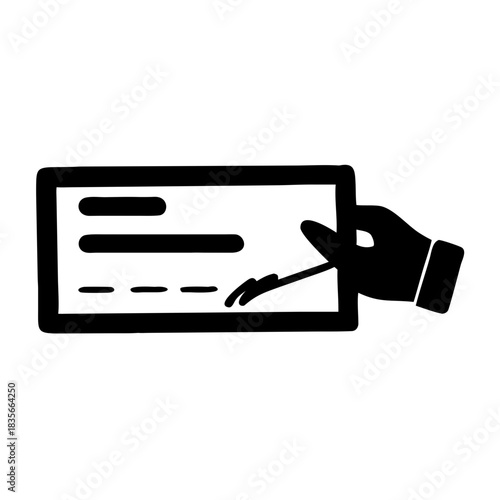 A person's hand signing a check with a pen, black and white icon illustration