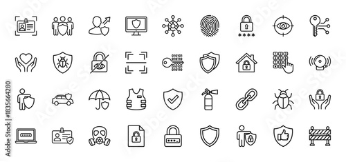 Security and protection line icon set. Vector pictograms of fingerprint, shield, lock, key, armor, and car insurance, thin outline illustration.