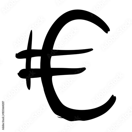 A stylized hand-drawn euro currency symbol depicted in black ink on a clean white background, representing finance and money.
