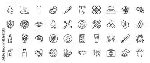 Allergy and immunology line icon set. Vector pictograms of nose, foot, molecule, injection, pills, rash, peanuts, and first aid kit, thin outline illustration.