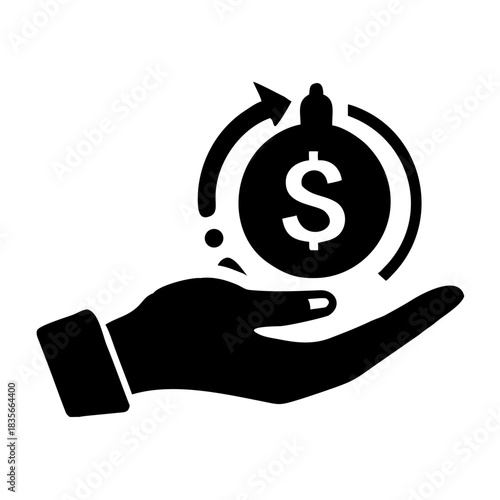 Financial return or money back guarantee icon with hand holding dollar coin.