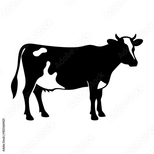 A simple black and white graphic illustration featuring a side profile of a standing dairy cow.