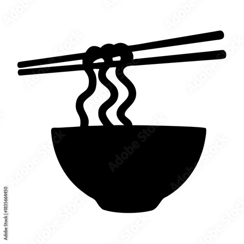 Black and white minimalist silhouette illustration of chopsticks picking up noodles from a bowl