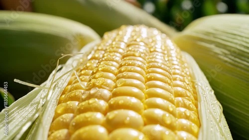 Fresh corn cob with water droplets on kernels in green husk close up vibrant agricultural produce