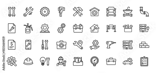 Maintenance and repair line icon set. Vector pictograms of wrenches, toolbox, car, house, and tools, thin outline illustration.