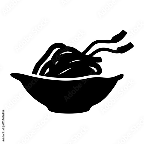 Simple black icon depicting a bowl full of spaghetti noodles on a white background