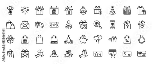 Shopping and gifts line icon set. Vector pictograms of presents, calendar, shopping bags, and festive elements, thin outline illustration.