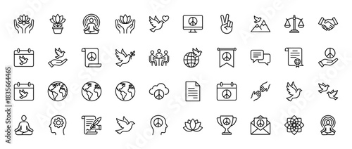 Peace, meditation, and harmony line icon set. Vector pictograms of dove, handshake, lotus, globe, and calendar, thin outline illustration.