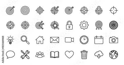 Business and strategy line icon set. Vector pictograms of targets, tools, settings, and communication elements, thin outline illustration.