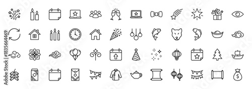 Celebration and lunar new year line icon set. Vector pictograms of fireworks, calendar, bow, star, lantern, and gifts, thin outline illustration.