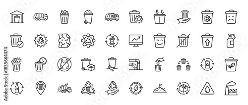 Waste management and recycling line icon set. Vector pictograms of trash cans, garbage trucks, and environmental symbols, thin outline illustration.