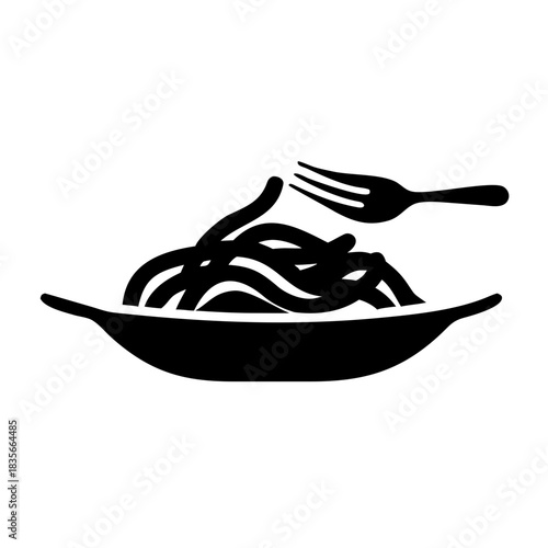 Minimalist black and white icon showing a serving of spaghetti on a plate with a fork