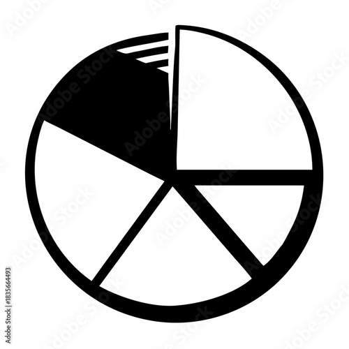 A black and white icon illustrating a pie chart with five sections and one exploded slice