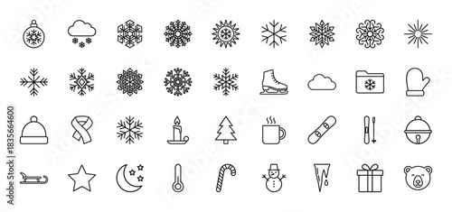 Winter and christmas line icon set. Vector pictograms of snowflake, snowman, hat, mittens, sleigh, and tree, thin outline illustration.