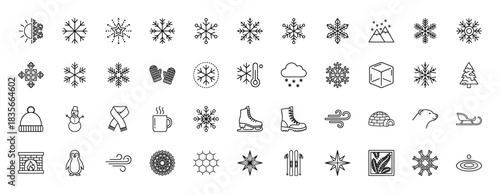 Winter and cold weather line icon set. Vector pictograms of snowflakes, snowman, scarf, skates, and hot drink, thin outline illustration.
