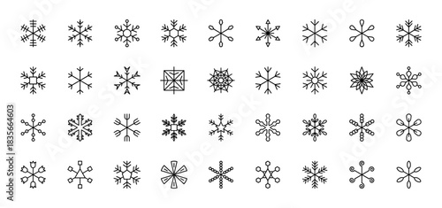 Winter and christmas icon set. Vector pictograms of diverse, unique geometric snowflakes, thin outline illustration.