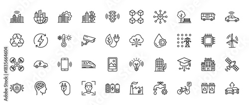 Smart city and future technology line icon set. Vector pictograms of buildings, vehicles, data, and power, thin outline illustration.