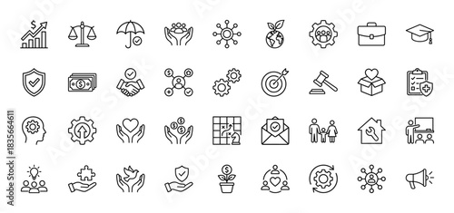 Corporate social responsibility line icon set. Vector pictograms of growth chart, scale, umbrella, handshake, gear, and targeting, thin outline illustration.