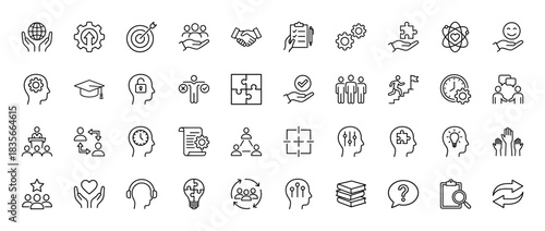 Business skills and management line icon set. Vector pictograms of teamwork, target, development, and problem solving, thin outline illustration.