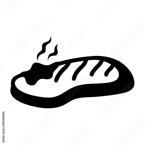 Black silhouette illustration of a freshly grilled steak icon with steam rising