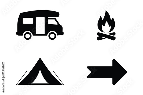 Camping icons rv campfire tent and arrow