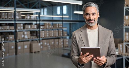 Warehouse manager holding tablet standing near cardboard boxes background. Logistic commercial storage retail goods supply. Storehouse distribution, industrial merchandise and delivery. Banner