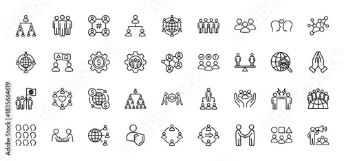 Business and social network line icon set. Vector pictograms of teamwork, structure, leadership, and connection, thin outline illustration.