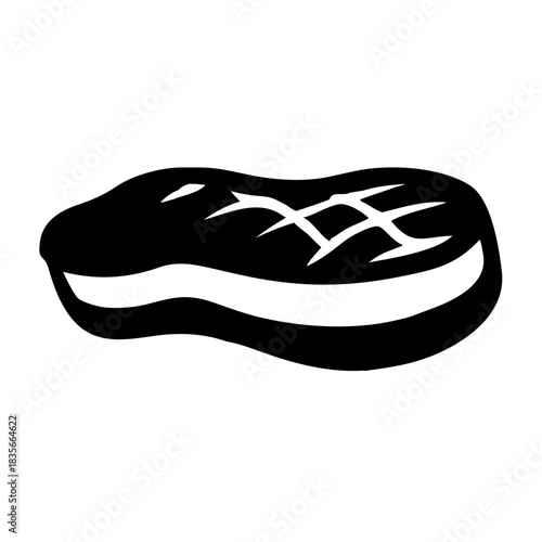A simple black icon representing a grilled steak on a white background