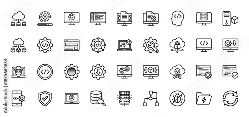 Software development line icon set. Vector pictograms of cloud storage, server, coding, security, and bug fixing, thin outline illustration.