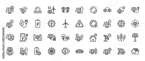 Renewable energy and solar power line icon set. Vector pictograms of panels, battery, sun, and turbine, thin outline illustration.