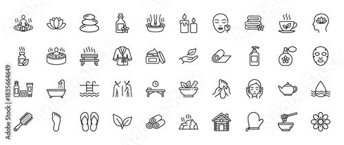 Spa and wellness line icon set. Vector pictograms of massage, sauna, bath, aroma oil, and meditation, thin outline illustration.