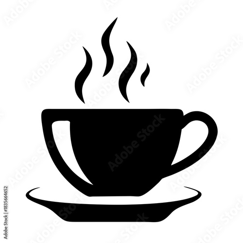 A simple black silhouette icon depicting a steaming hot cup of coffee or tea with a saucer