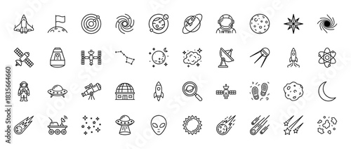 Space and astronomy line icon set. Vector pictograms of planets, rockets, satellites, and astronauts, thin outline illustration.