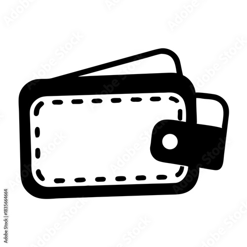 Doodle style black and white illustration of a wallet with a clasp, perfect for finance icons