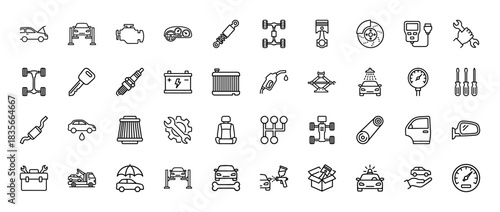 Automotive services line icon set. Vector pictograms of car maintenance, engine, repair tools, suspension, and vehicle parts, thin outline illustration.