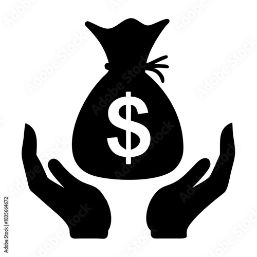 Simple black icon illustrating hands protecting a bag filled with dollar currency