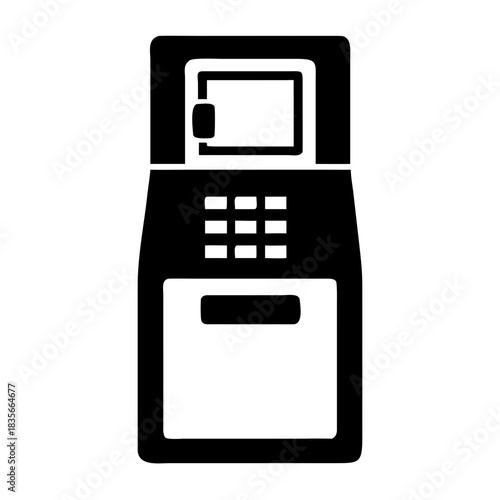 A black silhouette icon of an automated teller machine (atm) for financial transactions