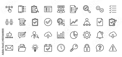 Quality management and business evaluation line icon set. Vector pictograms of review, checklist, analytics, rating, and feedback, thin outline illustration.